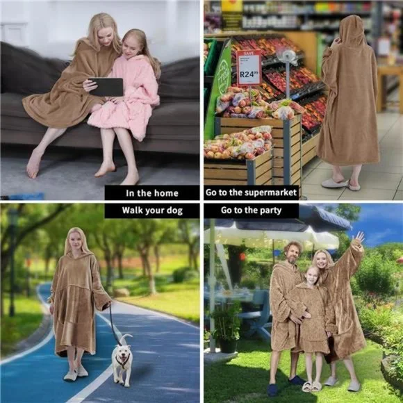 Oversized Flannel Wearable Blanket Hoodie for Adults, One Size Fits All, Camel